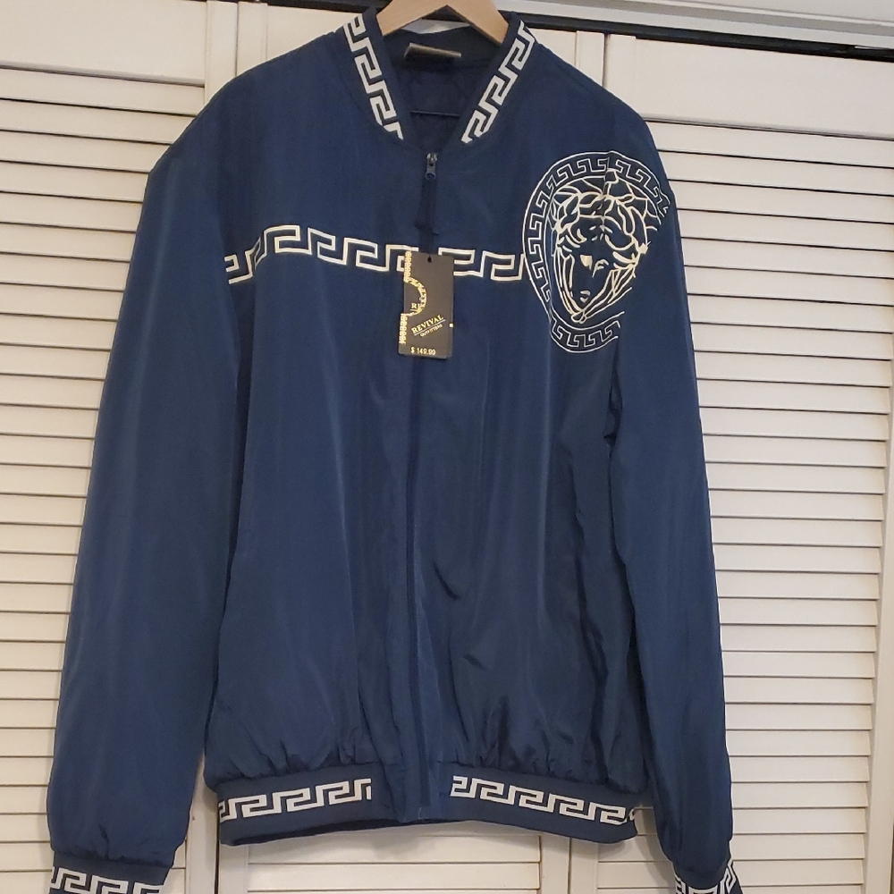 Revival Outfitters Navy Bomber Jacket with White Accents, Size 3XL